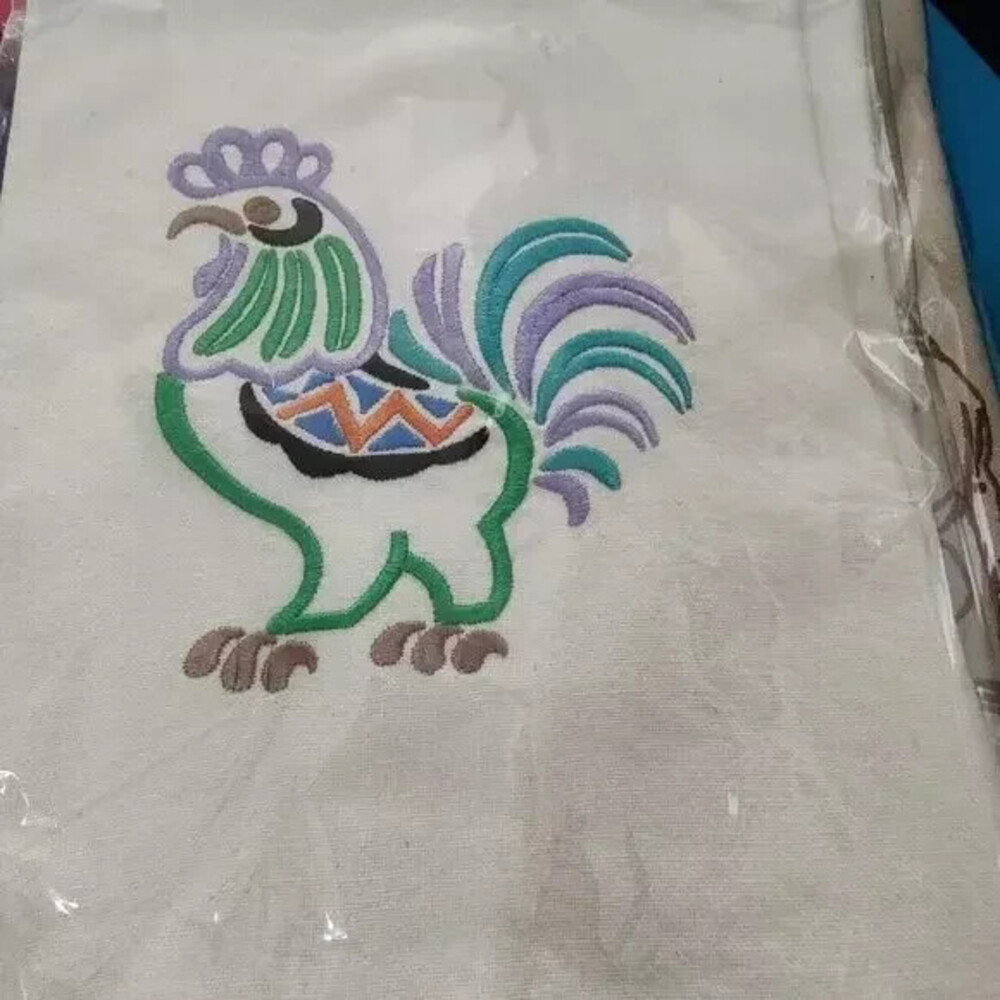 Set of 2 Embroidered Mola Chicken and Rooster Kitchen Towels